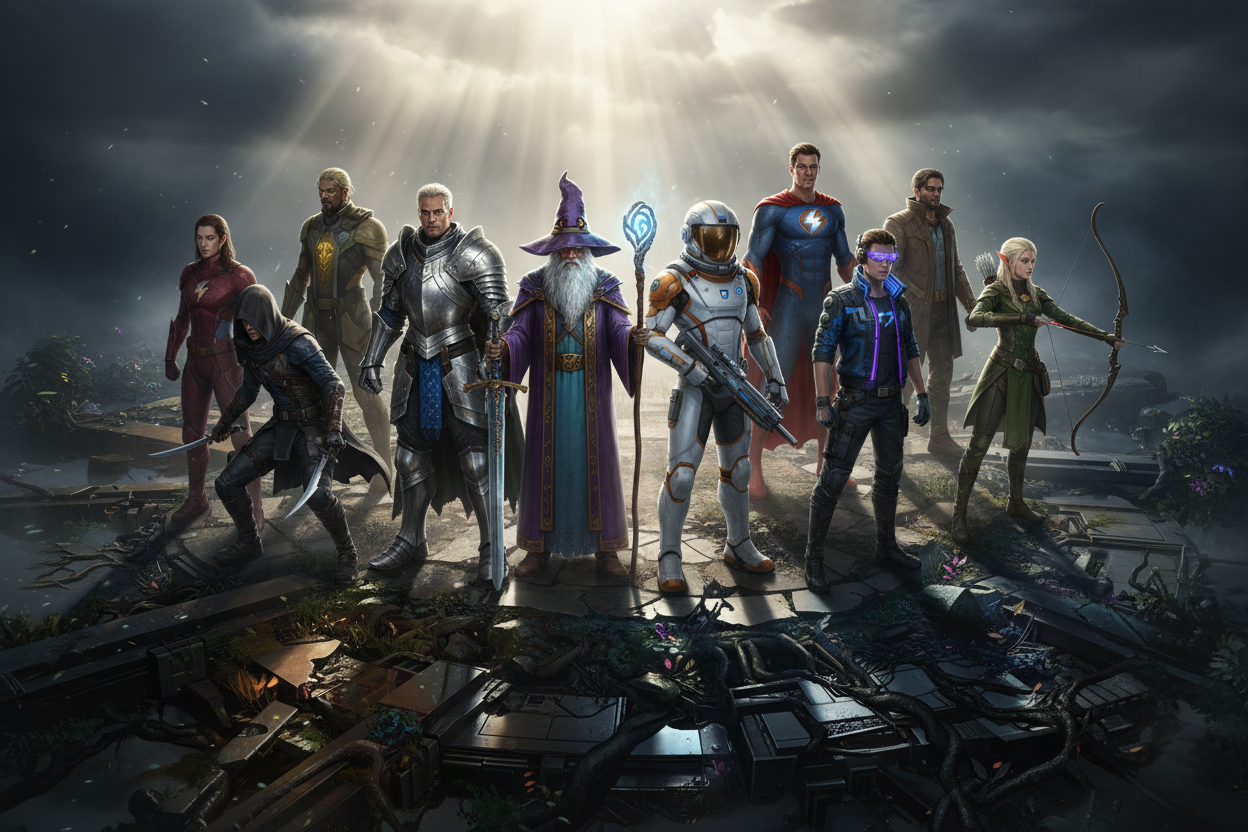 make image of multiple fictional character standing all together (camera shot is crane shot)